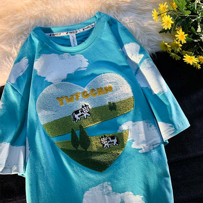 Cow Flocking Summer Cotton Oversized Tee Sweet Cute - myfunfarm