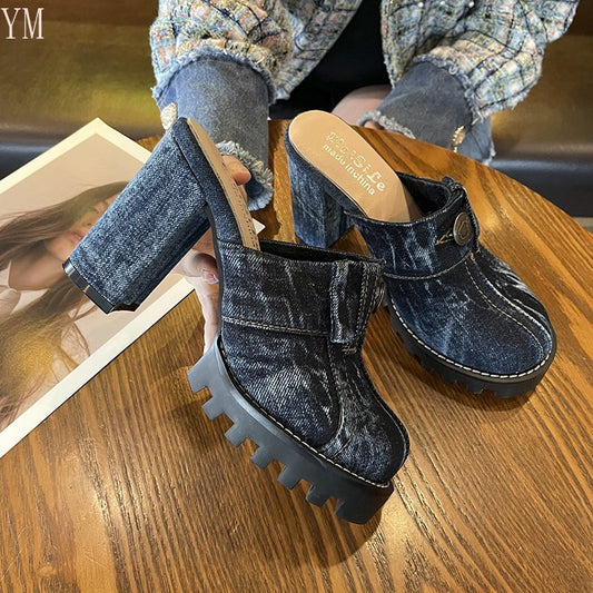 Women Sandals Denim Material Square Heels Bottom - myfunfarm