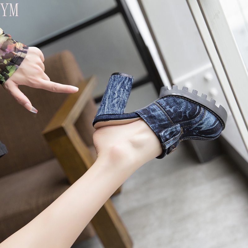 Women Sandals Denim Material Square Heels Bottom - myfunfarm