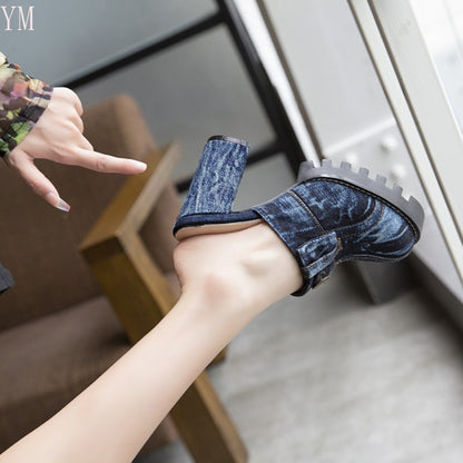 Women Sandals Denim Material Square Heels Bottom - myfunfarm