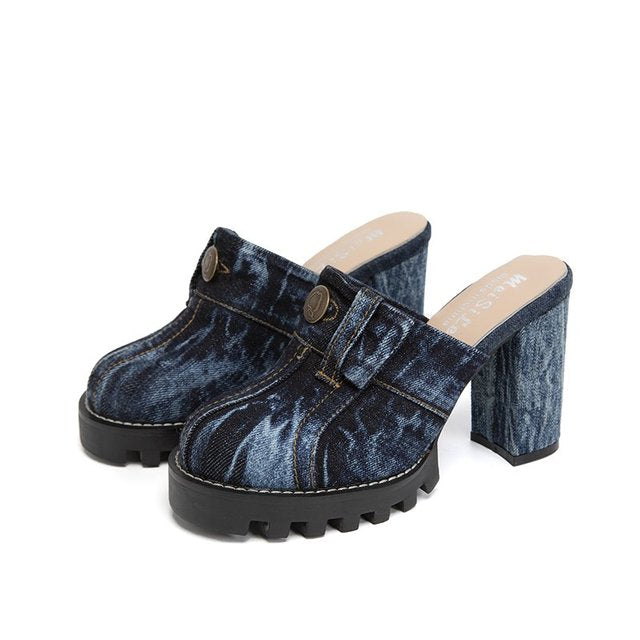 Women Sandals Denim Material Square Heels Bottom - myfunfarm