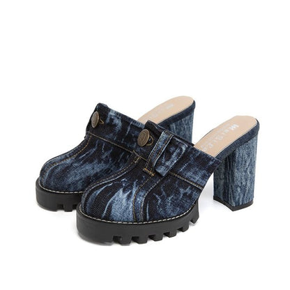 Women Sandals Denim Material Square Heels Bottom - myfunfarm