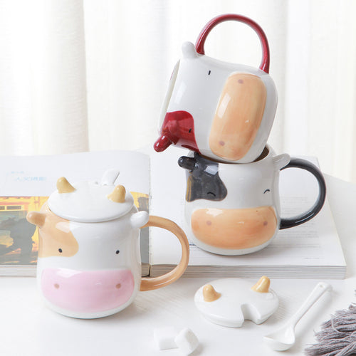 Cute Cow Ceramic Mug + Lids + Spoons