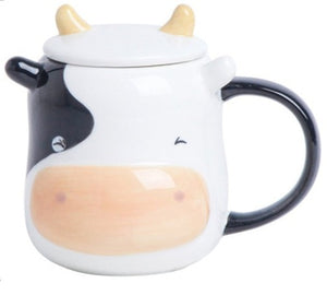 Cute Cow Ceramic Mug + Lids + Spoons