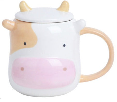 Cute Cow Ceramic Mug + Lids + Spoons