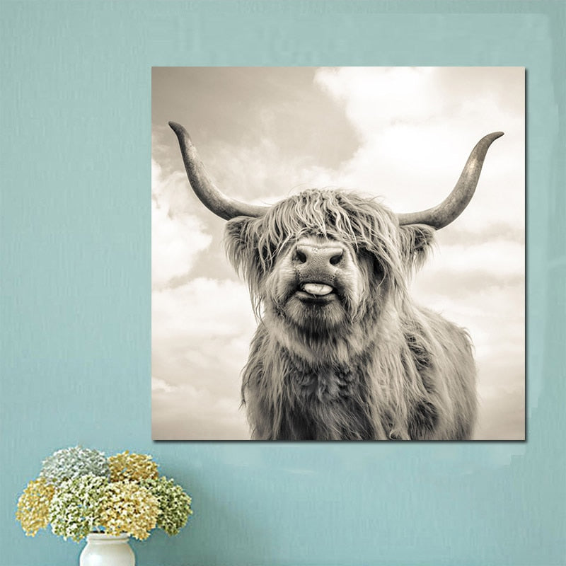 Black and White  Highland Cow Wall Canvas Art Print