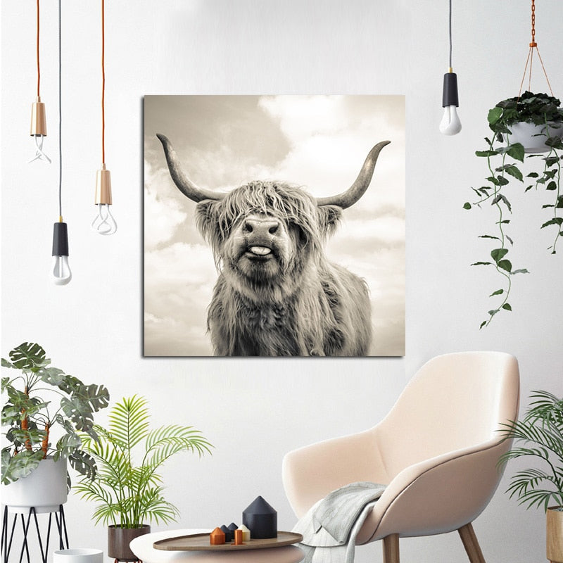 Black and White  Highland Cow Wall Canvas Art Print - myfunfarm
