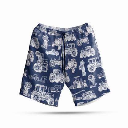 Tractor pattern white and blue, red, green  - Hawaiian Shirt, Shorts for adult and youth - myfunfarm