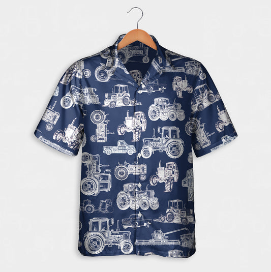Tractor pattern white and blue, red, green  - Hawaiian Shirt, Shorts for adult and youth - myfunfarm